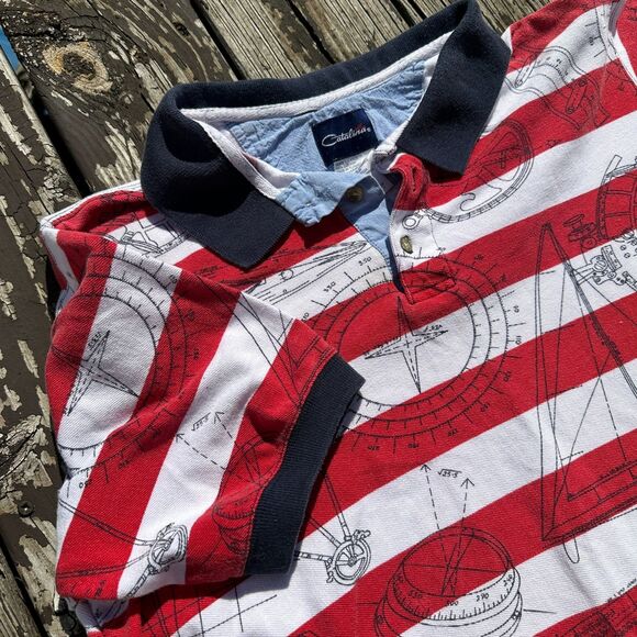 Vtg 90s Polo Shirt Mens L Nautical Stripe Boating Preppy Golf Americana Summer - Picture 1 of 9